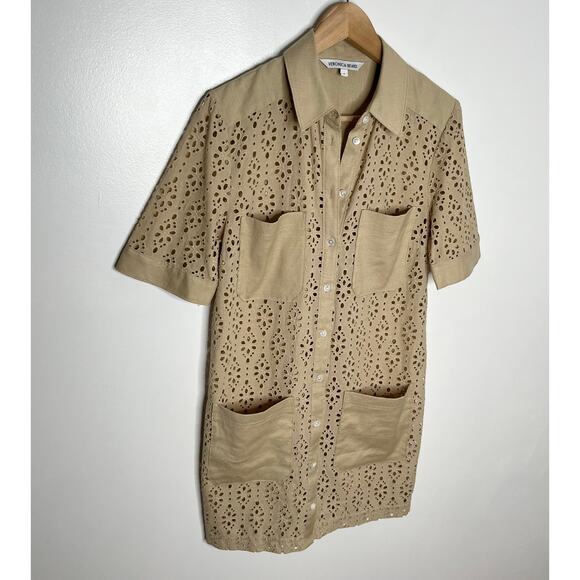 Veronica Beard Rafaela Dress Womens 4 Stone Khaki Eyelet Cotton Pockets Preppy - Picture 4 of 9